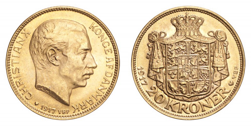 DENMARK. Christian X, 1912-47. Gold 20 Kroner 1917, Copenhagen. 8.96 g. KM-817. ...