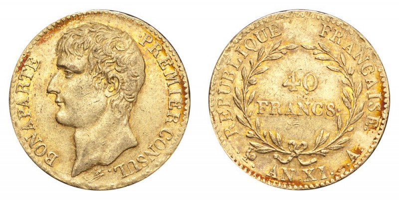 FRANCE. Napoleon, first consul, 1799-1804. Gold 40 Francs An 11-A (1802/03), Par...