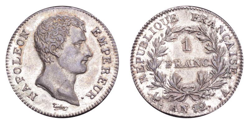FRANCE. Napoleon I, 1804-14, 1815. Franc An 12-A (1803/04), Paris. 4.29 g. Minta...