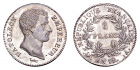 FRANCE. Napoleon I, 1804-14, 1815. Franc An 12-A (1803/04), Paris. 4.29 g. Mintage 1,310,634. KM-649.1. Minimal rubbing on highest parts of bust, lust...