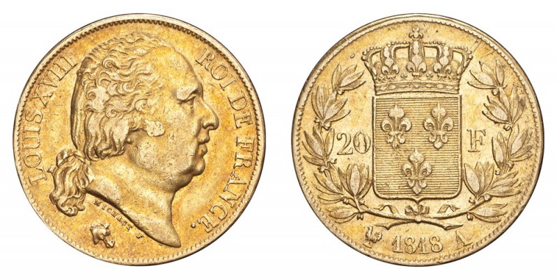 FRANCE. Louis XVIII, 1815-24. Gold 20 Francs 1818-A, Paris. 6.45 g. Gad-1028. Pl...