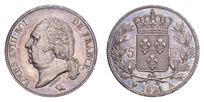 FRANCE. Louis XVIII, 1814-24. 5 Francs 1821-A, Paris. 25 g. Mintage 9,526,495. G...
