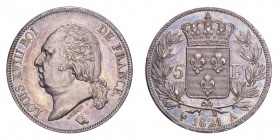 FRANCE. Louis XVIII, 1814-24. 5 Francs 1821-A, Paris. 25 g. Mintage 9,526,495. Gad-614; F-309. Intermittent red and blue toning morphing together to c...