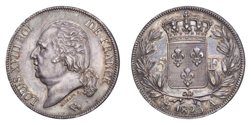 FRANCE. Louis XVIII, 1814-24. 5 Francs 1823-A, Paris. 25 g. Gad-614; F-309. A co...