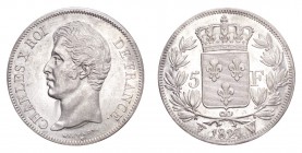FRANCE. Charles X, 1824-30. 5 Francs 1827-W, Lille. 25 g. Probably cleaned. Scarce in this condition; nearly mint state.