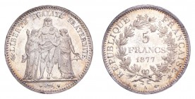 FRANCE. Third Republic, 1870-1940. 5 Francs 1877-A, Paris. 25 g. Gad-745; F-334/19; KM-820.1. Mint lustre with peripheral golden toning. Choice UNC.