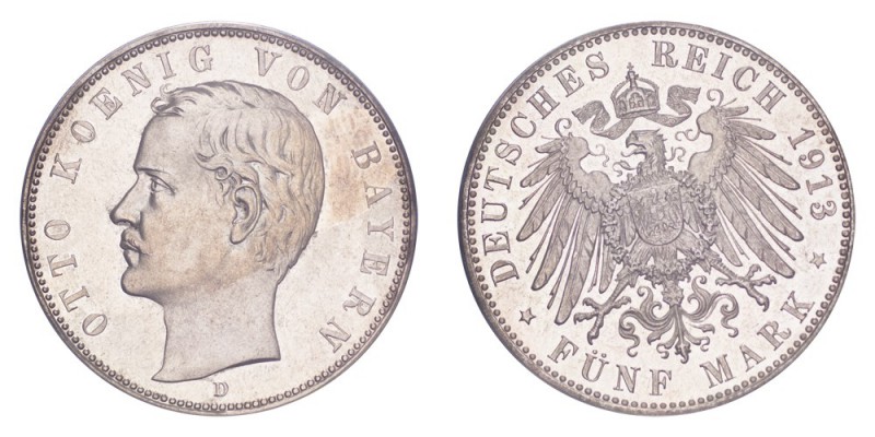 GERMANY: BAVARIA. Otto, 1886-1913. 5 Mark 1913-D, Munich. Proof. 27.77 g. J-46. ...