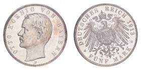 GERMANY: BAVARIA. Otto, 1886-1913. 5 Mark 1913-D, Munich. Proof. 27.77 g. J-46. Proof // Polierte Platte . In US plastic holder, graded PCGS PR64 CAM,...