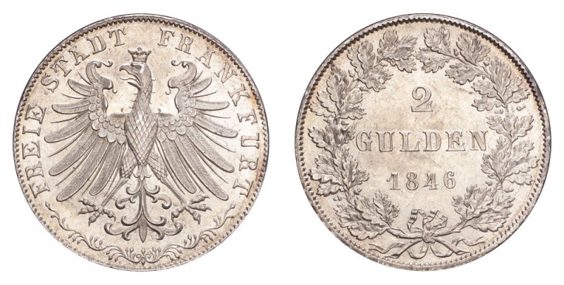 GERMANY: FRANKFURT. Free City. 2 Gulden 1846, Frankfurt. 21.19 g. KM-333, J-28. ...