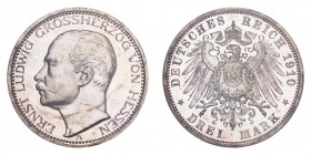 GERMANY: HESSE-DARMSTADT. Ernst Ludwig, Großherzog, 1892-1918. Proof 3 Mark 1910-A, Berlin. 16.66 g. KM-375, J-76. Estimated mintage of only 500 in pr...