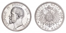 GERMANY: LIPPE-DETMOLD. Leopold IV, 1905-18. 2 Mark 1906-A, Berlin. 11.11 g. Mintage 20,000. J-78. EF+.