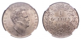 GERMANY: NASSAU. Wilhelm, 1819-39. Gulden 1838, Wiesbaden. 10.61 g. Mintage 189,749. J-44. Scarce offering from the small princely state of Nassau. No...