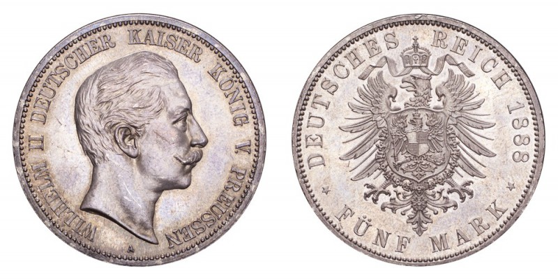 GERMANY: PRUSSIA. Wilhelm II, 1888-1918. 5 Mark 1888-A, Berlin. J-101. Choice UN...