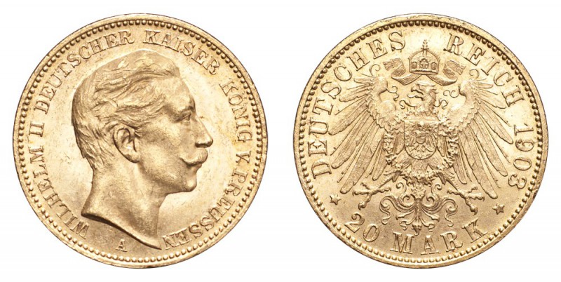 GERMANY: PRUSSIA. Wilhelm II, 1888-1918. Gold 20 Mark 1903-A, Berlin. 7.97 g. Mi...