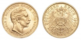 GERMANY: PRUSSIA. Wilhelm II, 1888-1918. Gold 20 Mark 1903-A, Berlin. 7.97 g. Mintage 2,870,073. KM-521; J-252. EF or better.