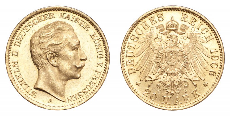GERMANY: PRUSSIA. Wilhelm II, 1888-1918. Gold 20 Mark 1906-A, Berlin. 7.97 g. Mi...