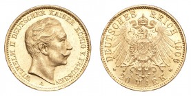 GERMANY: PRUSSIA. Wilhelm II, 1888-1918. Gold 20 Mark 1906-A, Berlin. 7.97 g. Mintage 7,788,922. KM-521; J-252. EF or better.