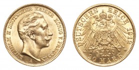 GERMANY: PRUSSIA. Wilhelm II, 1888-1918. Gold 20 Mark 1912-A, Berlin. 7.97 g. Mintage 5,569,398. KM-521; J-252. EF or better.