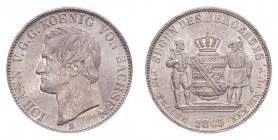 GERMANY: SAXONY. Johann, 1854-73. Taler 1865-B, Dresden. 18.52 g. Mintage 221,000. J-116. UNC.