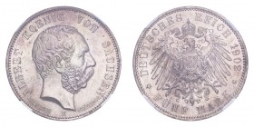 GERMANY: SAXONY. Albert, 1873-1902. 5 Mark 1902-E, Muldenhutten. J-128. In US plastic holder, graded NGC MS63, certification number 4458553-009.