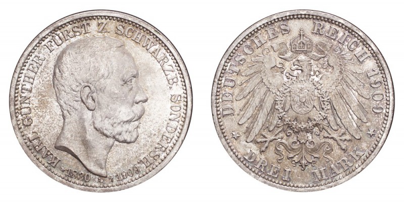 GERMANY: SCHWARZBURG-SONDERSHAUSEN. 3 Mark 1909-A, Berlin. 16.66 g. Mintage 70,0...
