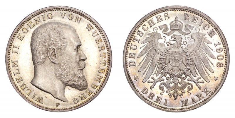 GERMANY: WURTTEMBERG. Wilhelm II, 1891-1918. 3 Mark 1908-F, Stuttgart. Proof. 16...