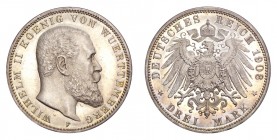 GERMANY: WURTTEMBERG. Wilhelm II, 1891-1918. 3 Mark 1908-F, Stuttgart. Proof. 16.66 g. KM-635. Near FDC.