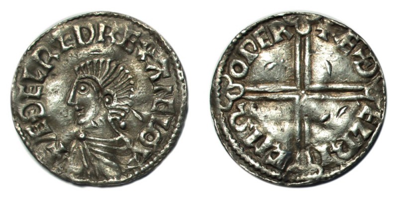 GREAT BRITAIN. Aethelred II, 978-1016. Penny , Long cross type, Wareham mint, mo...
