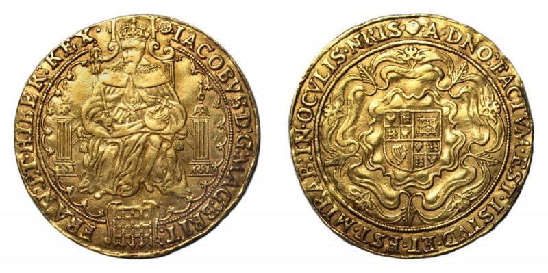 GREAT BRITAIN. James I, 1603-1625. Rose ryal , Second coinage, king enthroned ho...