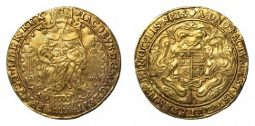 GREAT BRITAIN. James I, 1603-1625. Rose ryal , Second coinage, king enthroned holding orb and sceptre, IACOBVS.D:G:MAG:BRITT:FRAN:ET.HIBER:REX. rev. q...