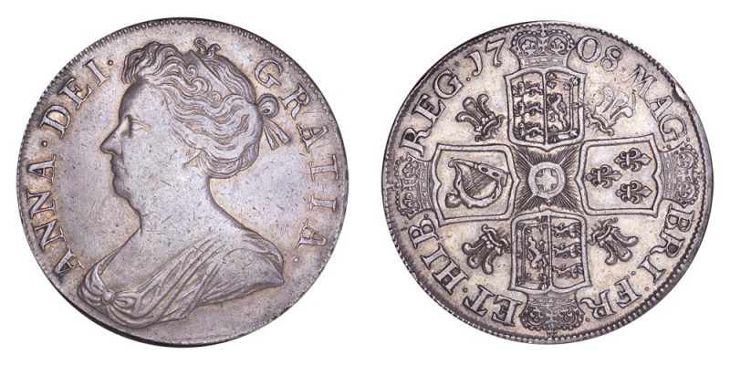 GREAT BRITAIN. Anne, 1702-14. Crown 1708, London. S-3601; ESC.105; Bull 1346. Se...