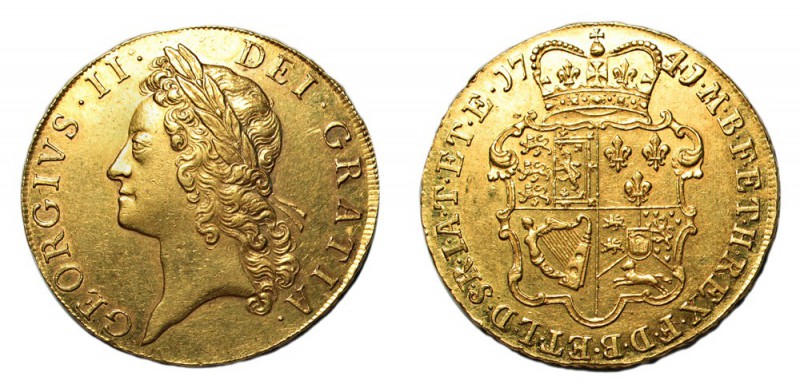 GREAT BRITAIN. George II, 1727-1760. Five guineas , London. Young laur. head, 17...