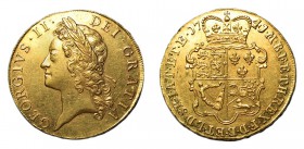GREAT BRITAIN. George II, 1727-1760. Five guineas , London. Young laur. head, 1741, edge D.QVARTO S.3663A. Minor metal flaw on neck otherwise extremel...