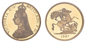 GREAT BRITAIN. Victoria, 1837-1901. Gold 5 Pounds 1887, London. Proof. 39.94 g. Mintage 797. S-3864. Although displaying hairlines in line with the gr...