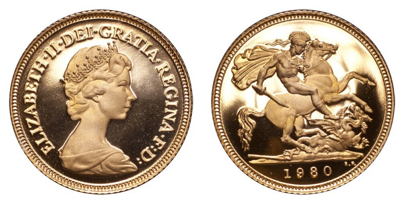 GREAT BRITAIN. Elizabeth II, 1953-. Gold Half-Sovereign 1980, London. Proof. 3.9...
