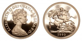 GREAT BRITAIN. Elizabeth II, 1953-. Gold 5 Pounds 1980, Royal Mint. Proof. 39.94 g. Mintage 10,000. S-SE1. The 1980 United Kingdom Gold Proof 5 Pounds...