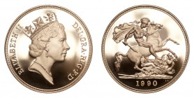 GREAT BRITAIN. Elizabeth II, 1953-. Gold 5 Pounds 1990, Royal Mint. Proof. 39.94 g. Mintage 1,721. S-SE3. The 1990 United Kingdom Gold Proof 5 Pounds ...