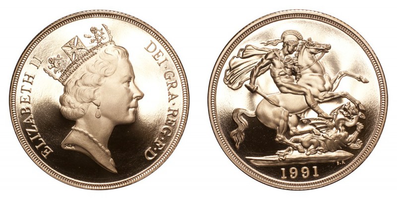 GREAT BRITAIN. Elizabeth II, 1953-. Gold 2 Pounds 1991, Royal Mint. Proof. 15.98...