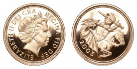 GREAT BRITAIN. Elizabeth II, 1953-. Gold Half-Sovereign 2005, London. Proof. 3.99 g. Mintage 5,011. S-SB6. Timothy Noad's popular reverse remake of St...
