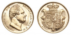 GREAT BRITAIN. William IV, 1830-37. Gold Sovereign 1832, London. 7.99 g. S-3829B. Edge knock on obverse at 10 o'clock, otherwise uncirculated with bri...
