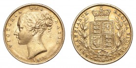 GREAT BRITAIN. Victoria, 1837-1901. Gold Sovereign 1855, London. WW raised. 7.99 g. Scarce variety with WW raised. The new type with incuse WW was int...