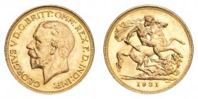 SOUTH AFRICA. George V, 1910-36. Gold Sovereign 1931-SA, London. 7.99 g. Mintage 8,511,792. S-3996. UNC.