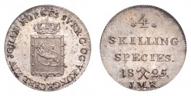 NORWAY. Carl XIV Johan, 1818-44. 4 Skilling 1825, Kongsberg. 3 g. Mintage 333,000. KM-298. UNC.
