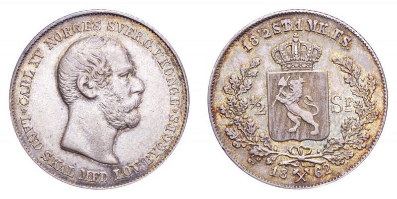 NORWAY. Carl XV, 1859-72. 1/2 Speciedaler 1862, Kongsberg. 14.48 g. Mintage 64,0...