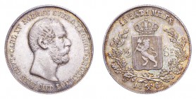 NORWAY. Carl XV, 1859-72. 1/2 Speciedaler 1862, Kongsberg. 14.48 g. Mintage 64,000. KM-322. Pleasant multi-coloured toning. Scarce two-year type. Abou...