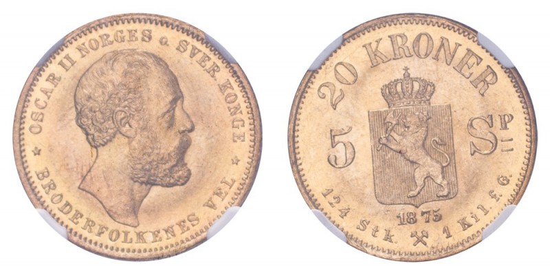 NORWAY. Oscar II, 1872-1905. Gold 20 Kroner 1875, Kongsberg. 8.96 g. Mintage 105...