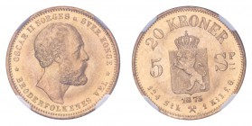 NORWAY. Oscar II, 1872-1905. Gold 20 Kroner 1875, Kongsberg. 8.96 g. Mintage 105,000. KM-348. First type with dual denomination. In US plastic holder,...