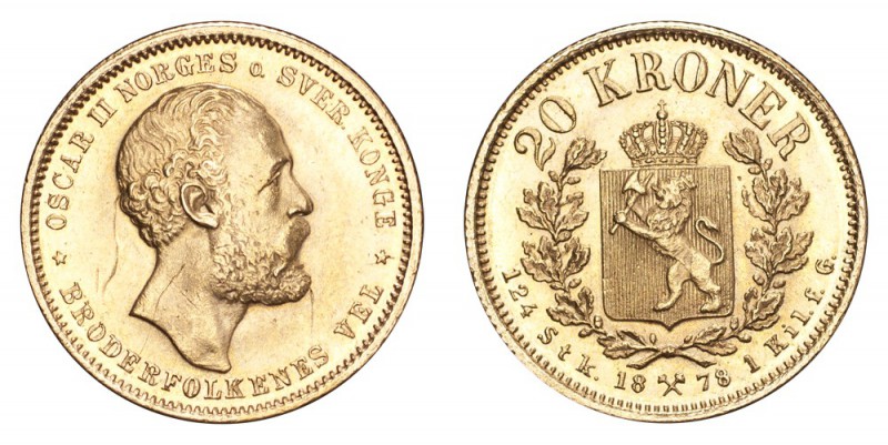 NORWAY. Oscar II, 1872-1905. Gold 20 Kroner 1878, Kongsberg. 8.96 g. KM-355. Scr...