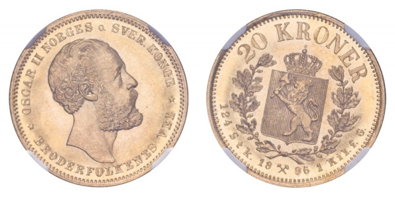 NORWAY. Oscar II, 1872-1905. Gold 20 Kroner 1886, Kongsberg. Finest graded. 8.96...