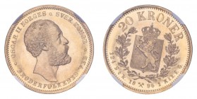 NORWAY. Oscar II, 1872-1905. Gold 20 Kroner 1886, Kongsberg. Finest graded. 8.96 g. KM-355. Finest graded with both NGC and PCGS. An absolute stunner!...